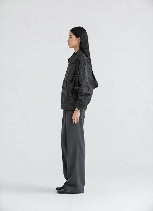 Women's Vintage Black Relaxed Fit Utility Leather Jacket