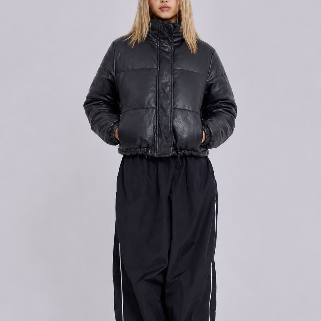 Women's Vintage Black Oversized Fit Puffer Leather Jacket