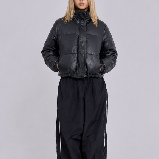 Women's Vintage Black Oversized Fit Puffer Leather Jacket