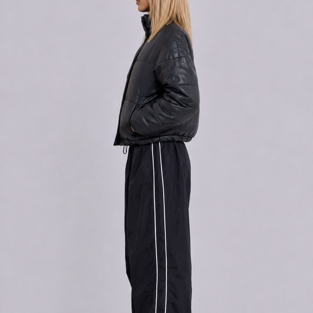 Women's Vintage Black Oversized Fit Puffer Leather Jacket