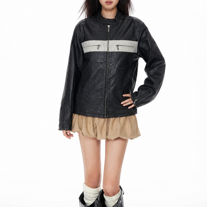 Unisex Vintage Black Regular Fit White Striped Racing  Leather Jacket