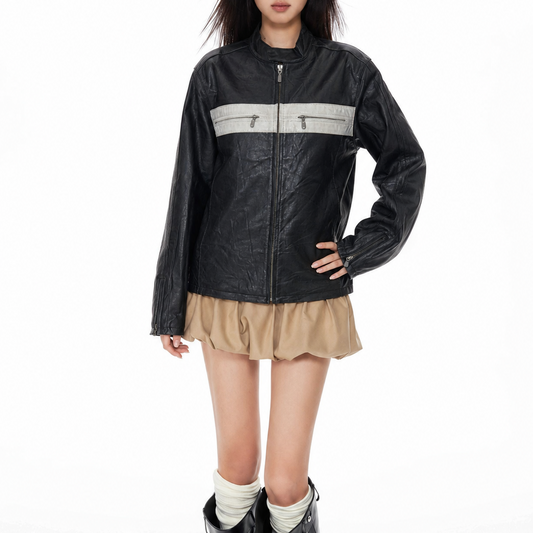Unisex Vintage Black Regular Fit White Striped Racing  Leather Jacket