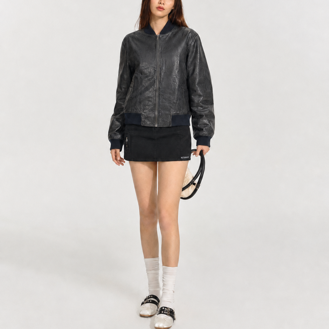 Women's Vintage Black Regular Fit Leather Bomber Jacket