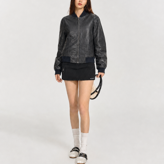 Women's Vintage Black Regular Fit Leather Bomber Jacket