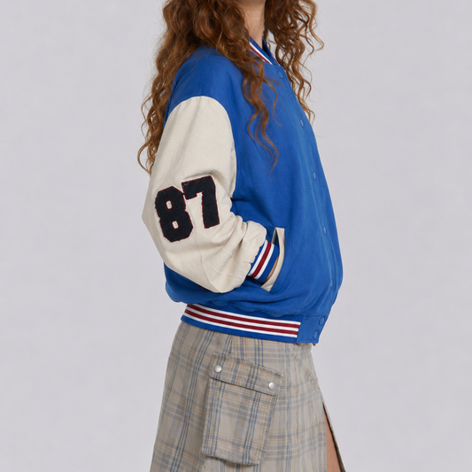 Unisex Blue Oversized Teddy Bear Varsity Bomber Jacket