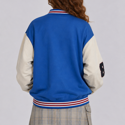 Unisex Blue Oversized Teddy Bear Varsity Bomber Jacket