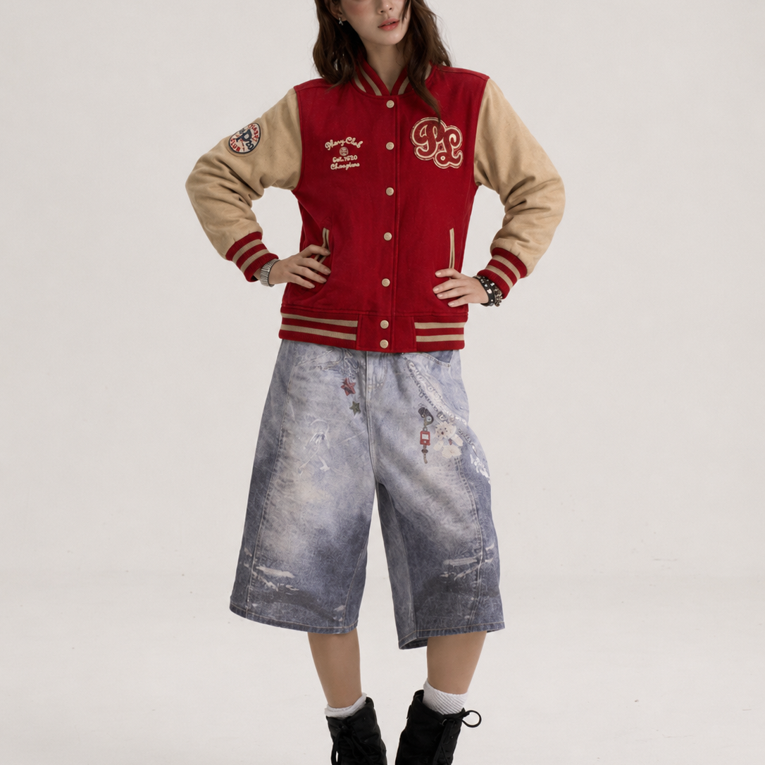 Unisex Vintage Red & Beige Regular Fit Varsity Bomber Jacket