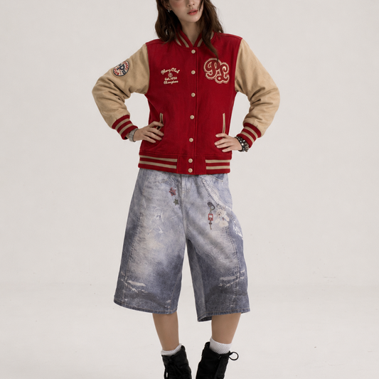 Unisex Vintage Red & Beige Regular Fit Varsity Bomber Jacket