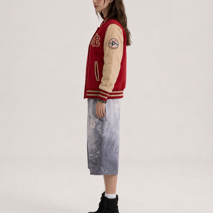 Unisex Vintage Red & Beige Regular Fit Varsity Bomber Jacket