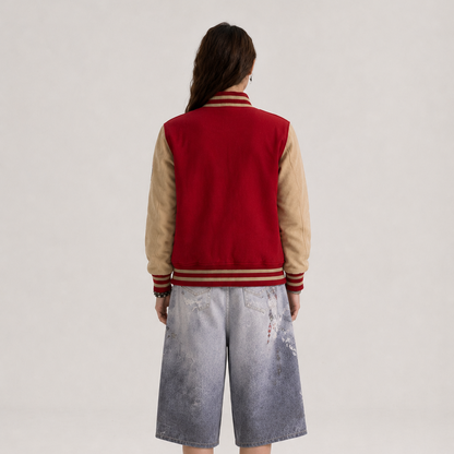 Unisex Vintage Red & Beige Regular Fit Varsity Bomber Jacket