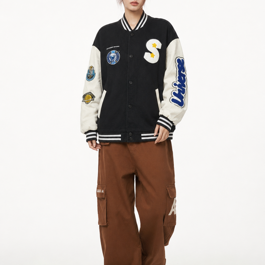 Unisex Black Oversized Patchwork Varsity Bomber Jacket