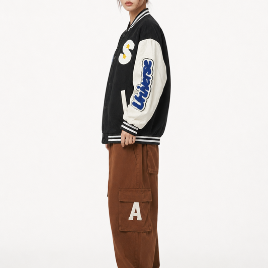 Unisex Black Oversized Patchwork Varsity Bomber Jacket