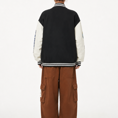 Unisex Black Oversized Patchwork Varsity Bomber Jacket