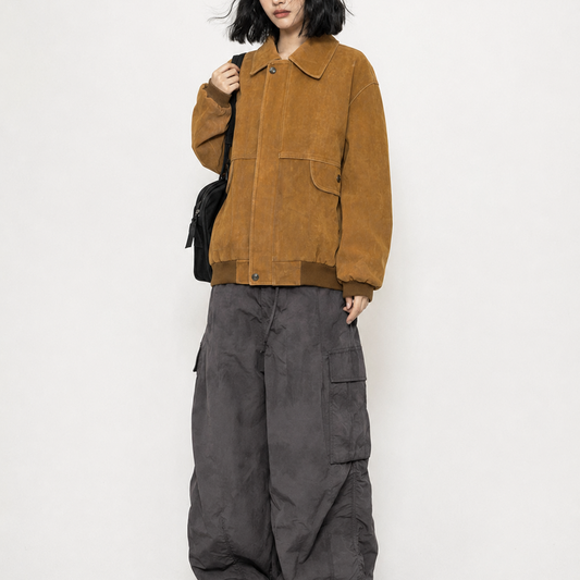 Unisex Vintage Tan Relaxed-Fit Suede Bomber Jacket