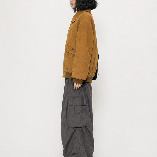 Unisex Vintage Tan Relaxed-Fit Suede Bomber Jacket