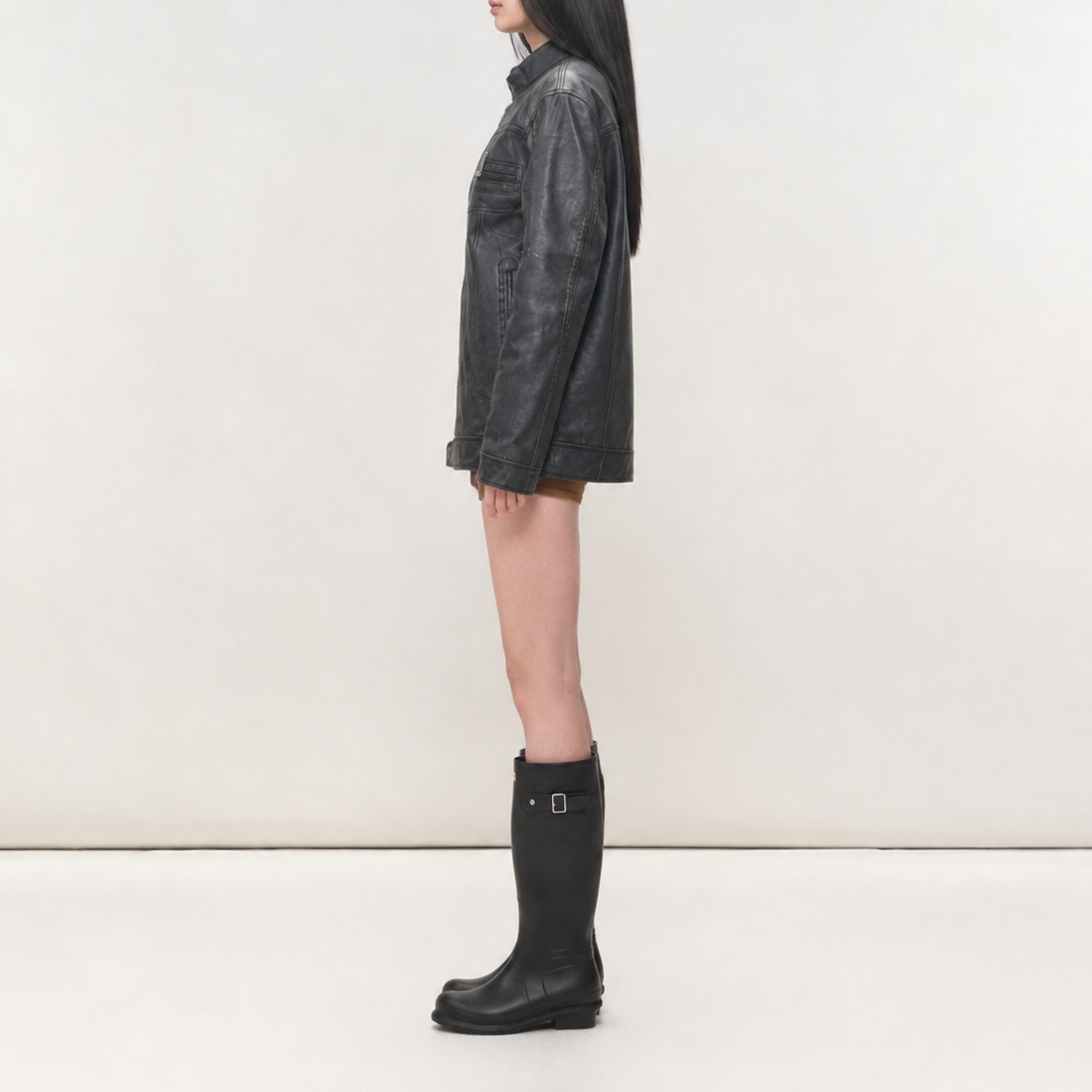 Vintage Black Relaxed-Fit Biker Leather Jacket