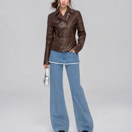 Women’s Dark Brown Fitted Belted Moto Leather Jacket