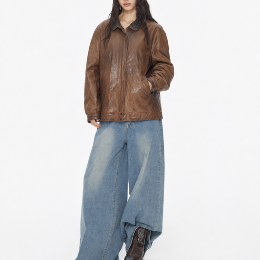 Unisex Brown Relaxed-Fit Vintage Leather Bomber Jacket