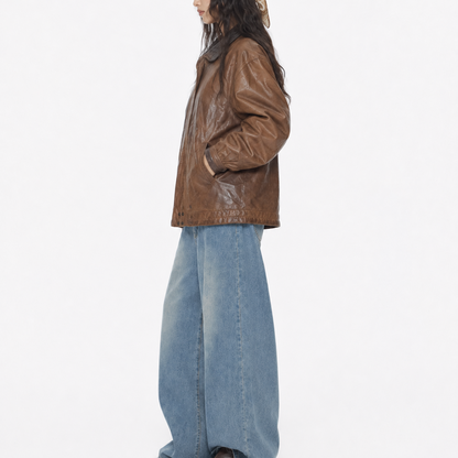 Unisex Brown Relaxed-Fit Vintage Leather Bomber Jacket