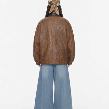 Unisex Brown Relaxed-Fit Vintage Leather Bomber Jacket