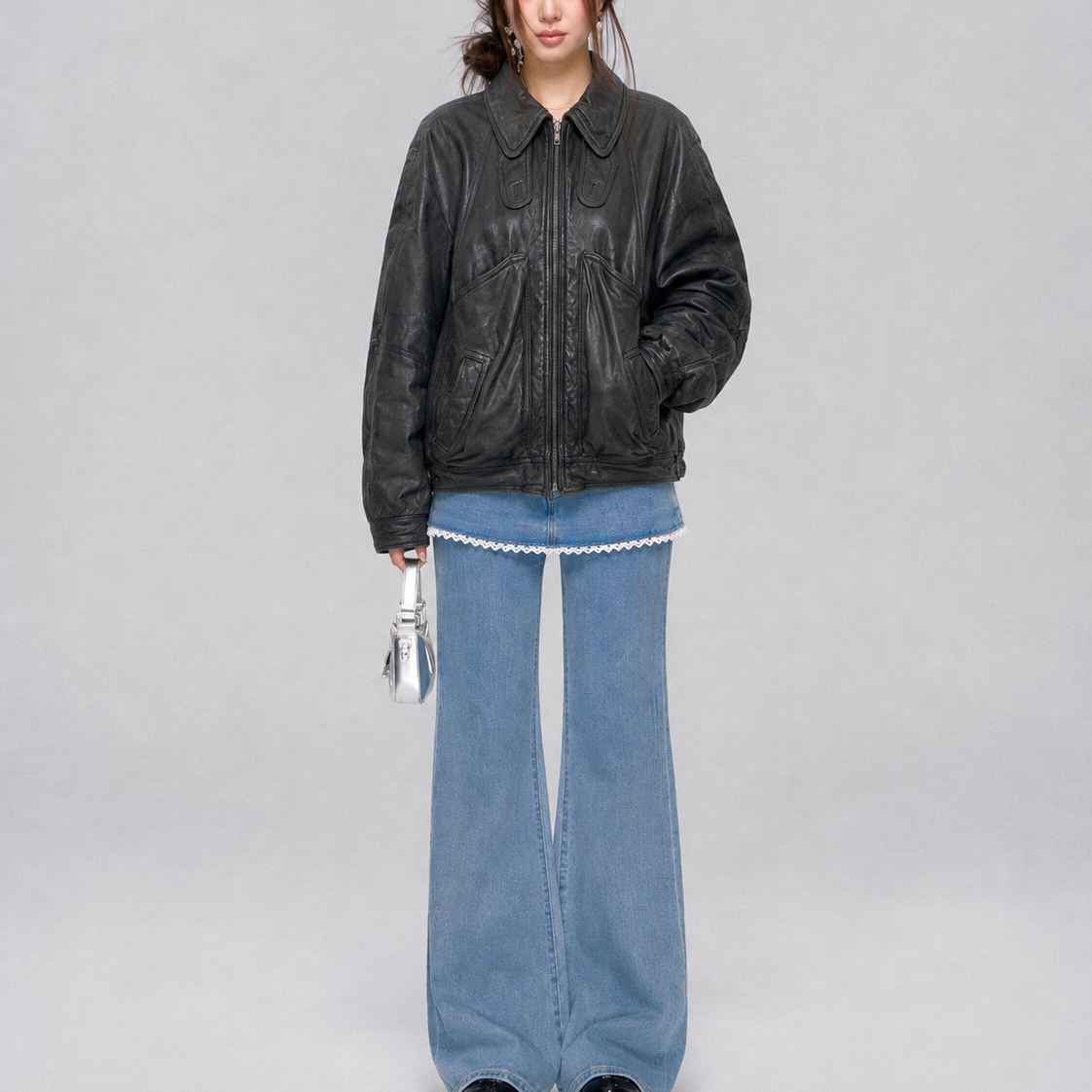 Unisex Black Oversized Vintage Leather Bomber Jacket