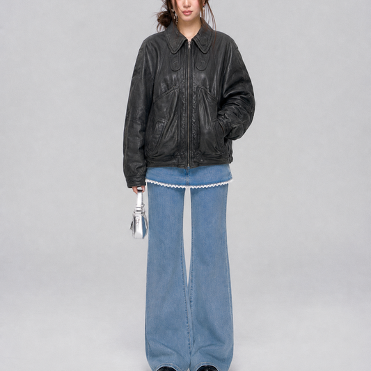 Unisex Black Oversized Vintage Leather Bomber Jacket