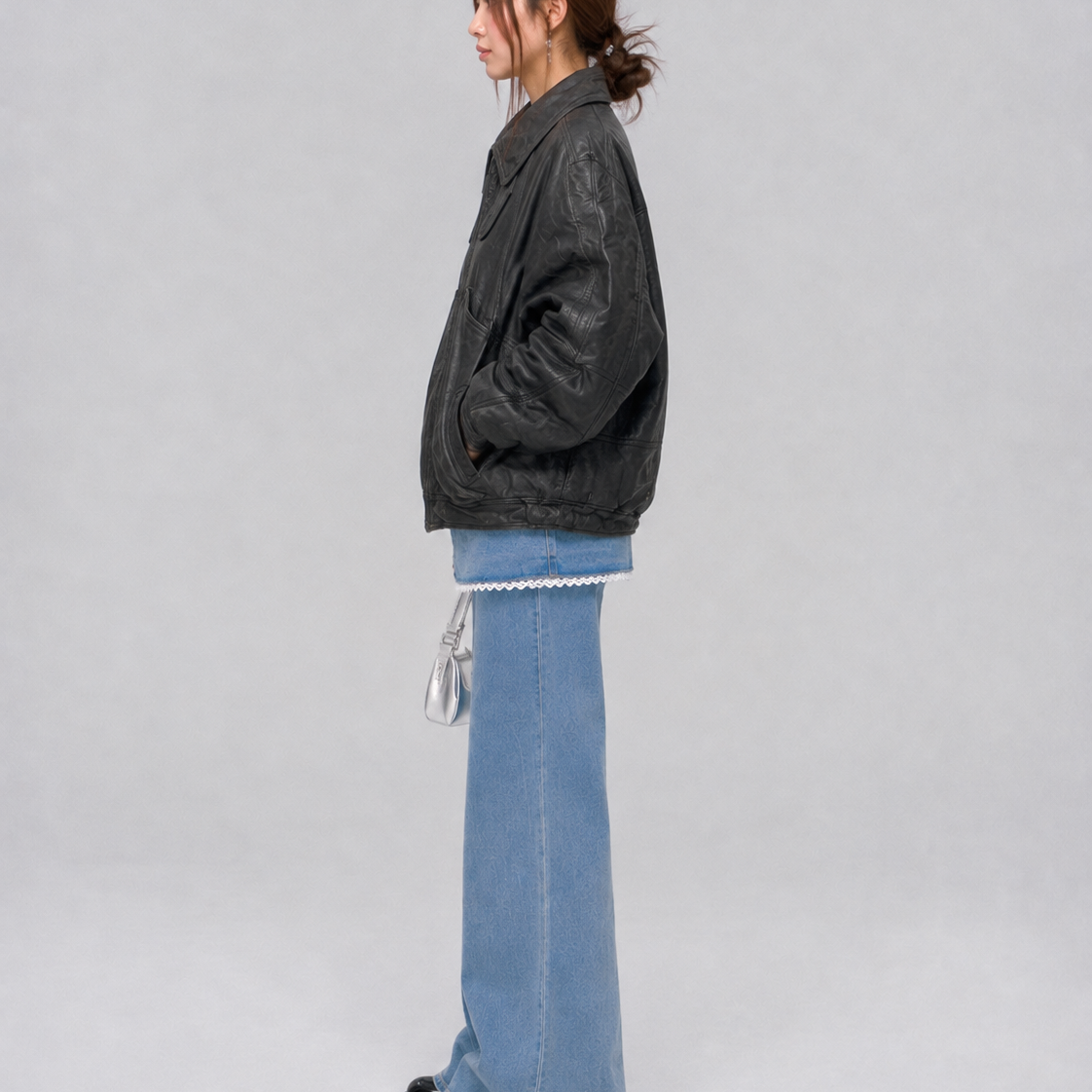 Unisex Black Oversized Vintage Leather Bomber Jacket