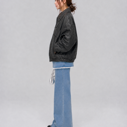 Unisex Black Oversized Vintage Leather Bomber Jacket