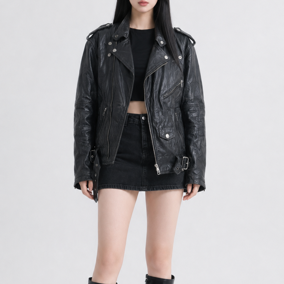 Unisex Black Relaxed-Fit Vintage Leather Jacket