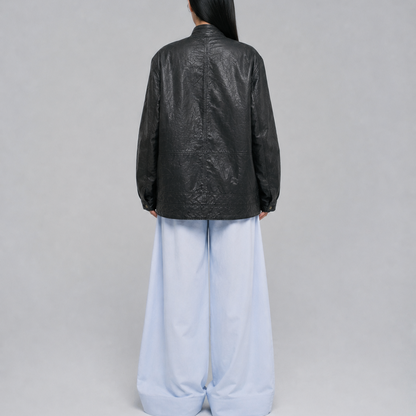 Unisex Vintage Black Distressed Utility Leather Jacket