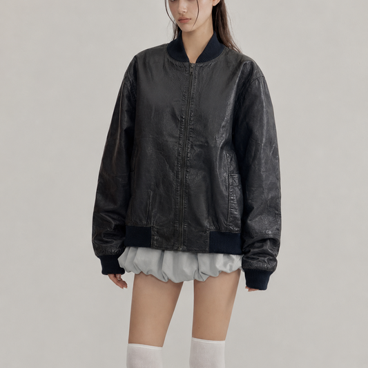 Women’s Vintage Black Oversized Ribbed-Trim Zip-Up Bomber Leather Jacket