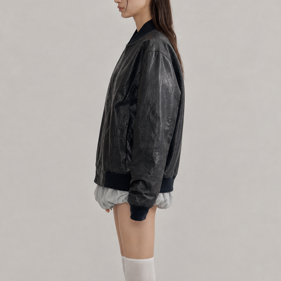 Women’s Vintage Black Oversized Ribbed-Trim Zip-Up Bomber Leather Jacket
