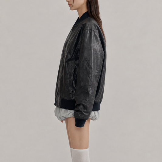 Women’s Vintage Black Oversized Ribbed-Trim Zip-Up Bomber Leather Jacket