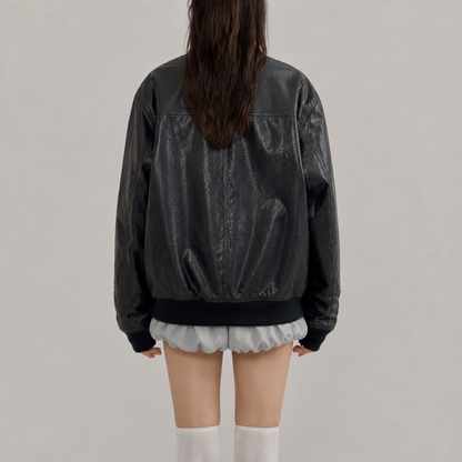 Women’s Vintage Black Oversized Ribbed-Trim Zip-Up Bomber Leather Jacket