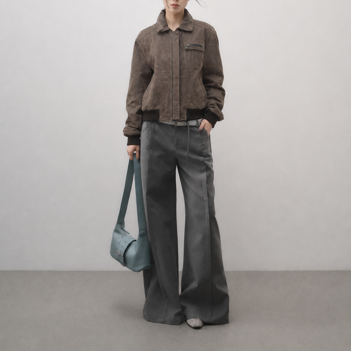 Women’s Vintage Taupe Brown Relaxed-Fit Utility Bomber Leather Jacket