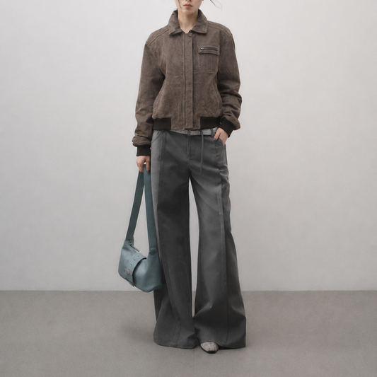 Women’s Vintage Taupe Brown Relaxed-Fit Utility Bomber Leather Jacket