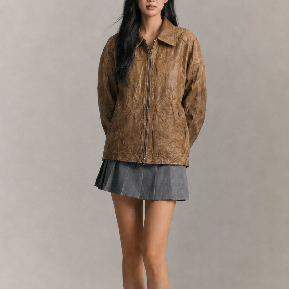 Women’s Vintage Camel Brown Relaxed-Fit Textured Collared Zip-Up Leather Jacket