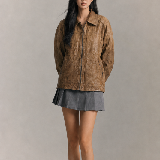 Women’s Vintage Camel Brown Relaxed-Fit Textured Collared Zip-Up Leather Jacket