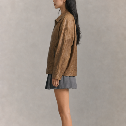 Women’s Vintage Camel Brown Relaxed-Fit Textured Collared Zip-Up Leather Jacket