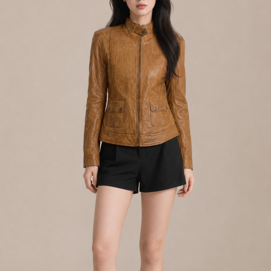 Vintage Tan Slim-Fit Utility Pocket Leather Jacket