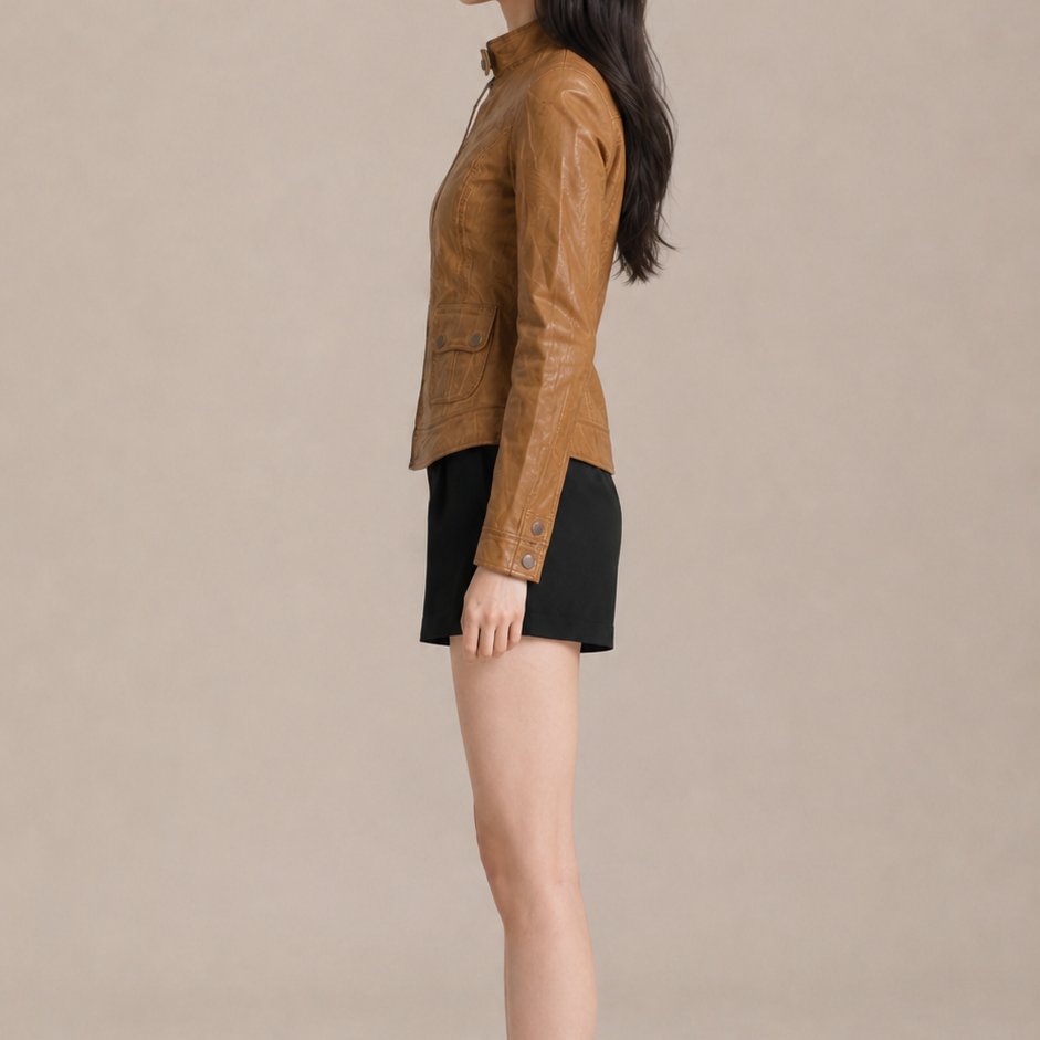 Vintage Tan Slim-Fit Utility Pocket Leather Jacket