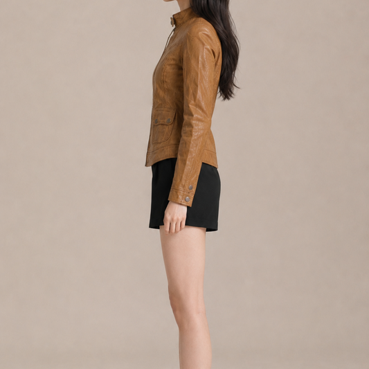 Vintage Tan Slim-Fit Utility Pocket Leather Jacket