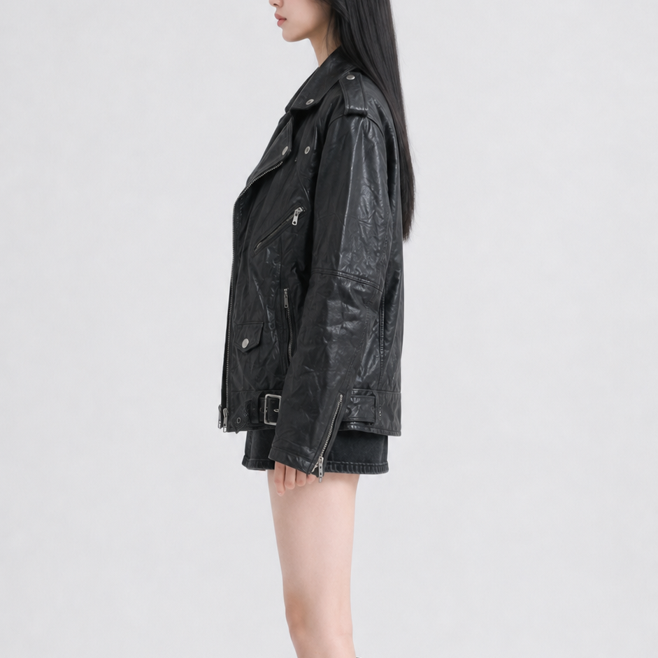 Unisex Black Relaxed-Fit Vintage Leather Jacket