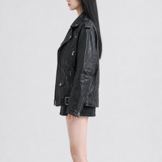 Unisex Black Relaxed-Fit Vintage Leather Jacket