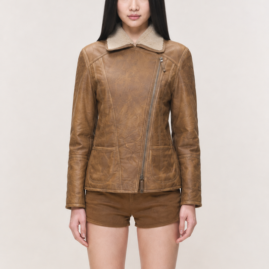 Women’s Vintage Camel Brown Fitted Moto Style with Shearling Collar – Leather Jacket