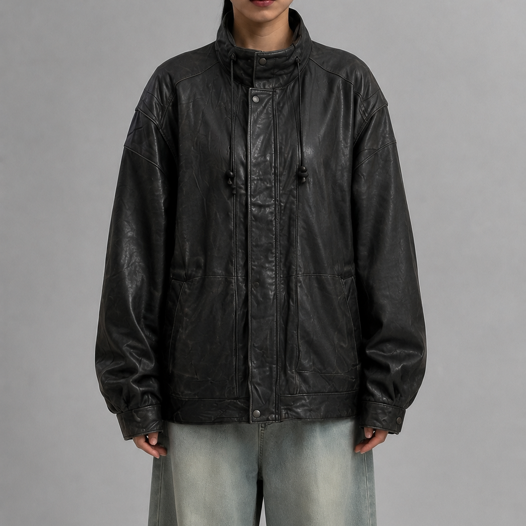 Women’s Vintage Black Relaxed-Fit High-Neck Panelled Racer Leather Jacket