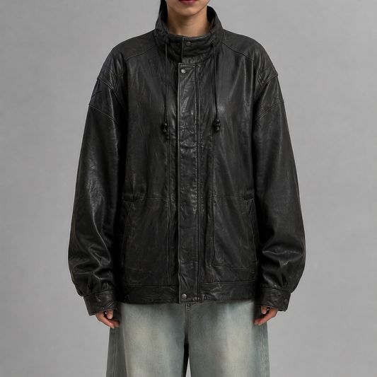 Women’s Vintage Black Relaxed-Fit High-Neck Panelled Racer Leather Jacket