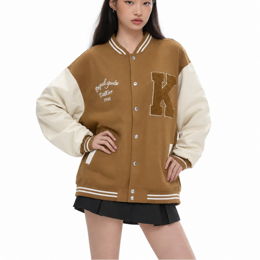 Unisex Brown Oversized K-Patch Varsity Bomber Jacket
