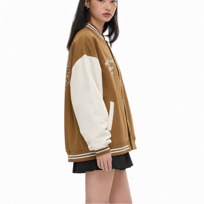 Unisex Brown Oversized K-Patch Varsity Bomber Jacket