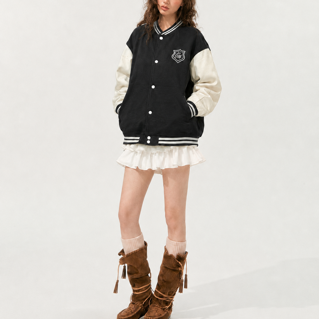 Unisex Black & Beige Relaxed-Fit Crest Varsity Bomber Jacket